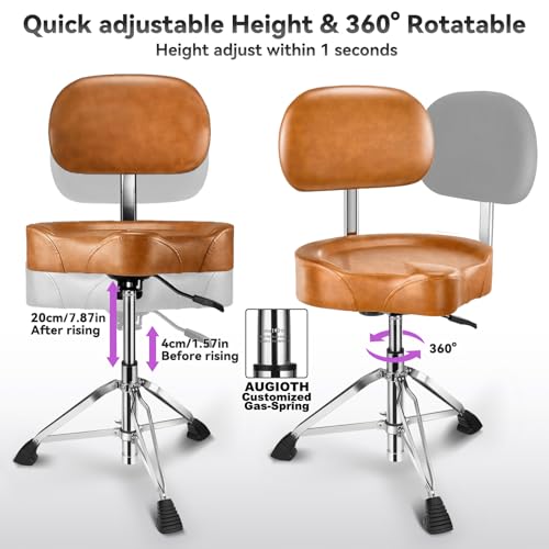 Augioth Drum Throne with Backrest – Height-Adjustable Hydraulic Drum Stool with Memory Foam Seat, Stable & Comfortable for Adult Drummers and Guitarists, Light Brown by Augioth - Image 2