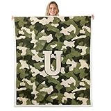 Loussiesd Manta Sherpa de camuflaje de caza para sofá, camuflaje verde, súper suave y acogedora, manta personalizada con inicial en U para invierno, manta de felpa individual de 50 x 60 pulgadas para