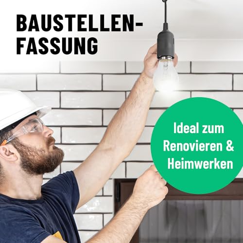 greate 3x Baufassung E27 schwarz mit Schnellverbinder - Lampenfassung E27 inkl. Zugentlastung - Baustellenlampe Fassung für max. 60W 250V - Baulampe Lampenfassung mit Kabel, Glühbirnen Fassung