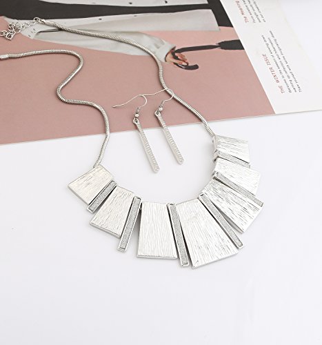 Hswe Statement Collar Necklace Bar Drop Earrings Set For Women Enamel Tricolor Bib Necklace Choker Necklace (Silver) #TOP3