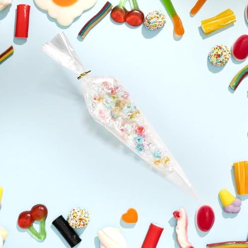 ktxaby 100 Stück Spitztüten Transparent 18x37cm Süßigkeiten Tüten mit 100 goldenen Bindebändern Candy Bar Tüten Cellophantüten für Popcorn Schokolade Bonbons Kekse Hochzeit Geburtstag Party Geschenke