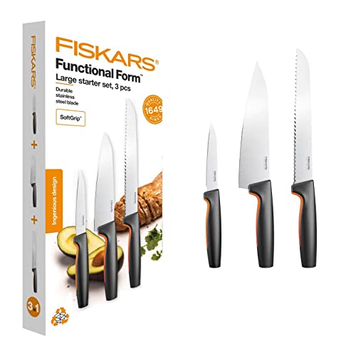 Fiskars Küchenmesser-Set, 3-teilig, Functional Form, Inklusive Kochmesser (mittel), Gemüsemesser und Brotmesser, Japanischer Edelstahl/Kunststoff, 1057559