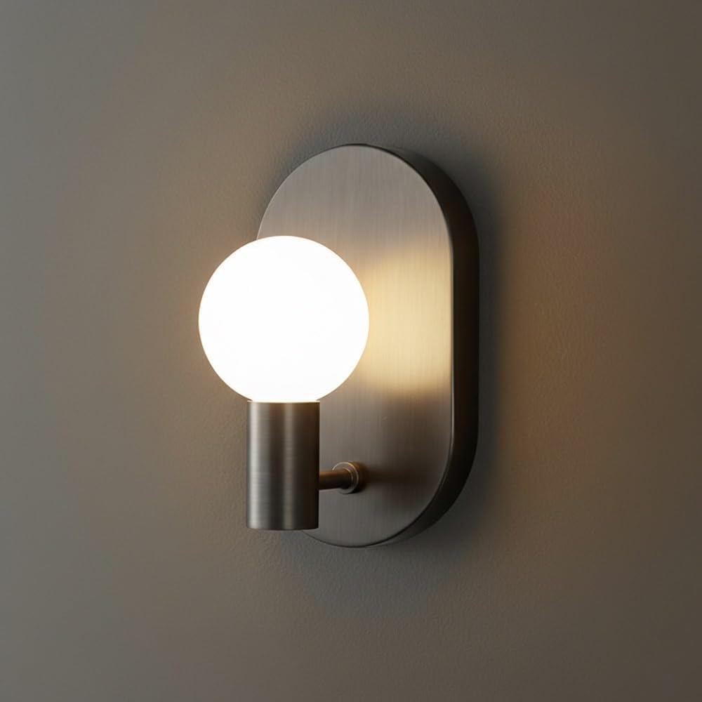 Solid Brass Wall Sconce, Glass Globe Shade, Oval Backplate Vanity Light, Minimalist Copper Indoor Fixture for Bedroom, Living Room, Hallway, Bathroom, Entryway, Foyer, Interior Parlor(Gold)