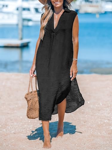 CUPSHE Women's Swimsuit Coverup Casual Sleeveless Side Split Long Cardigans V Neck Midi Beach Dress4