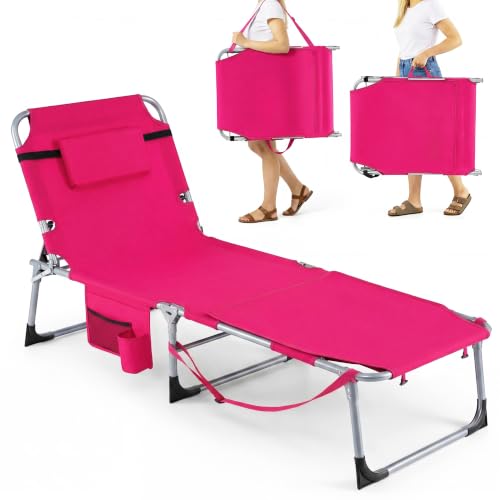 GIANTEX Tanning Chair, 330Lbs Patio Lounge Chair with 5 Adjustable Position, Face & Arm Hole, Hand/Shoulder Strap, Removable Pillow, Side Pocket, Chaise Lounger for Beach Sunbathing Outdoor, Pink