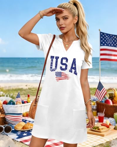Image of Ithalt 4th of July Dresses for Women Patriotic Dress Red White and Blue Outfits American Flag V Neck Sundress with Pockets