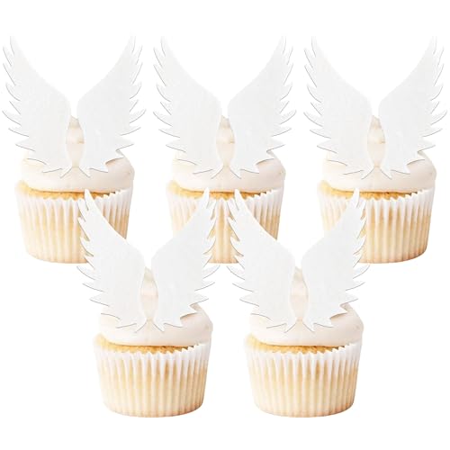 Gyufise 48Pcs Angel Wing Cake Toppers Blue Edible Rice Paper Wafer Angel Wings Cupcake Toppers for Angel Theme Birthday Baby Shower Wedding Party Food Decoration