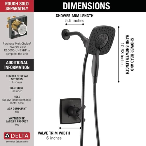 Image of Delta Faucet Ashlyn 17 Series Dual-Handle Delta Shower Trim Kit with In2ition 2-in-1 Shower Head with Handheld Spray, Matte Black Shower Fixture, Matte Black T17264-BL-I (Valve Not Included)
