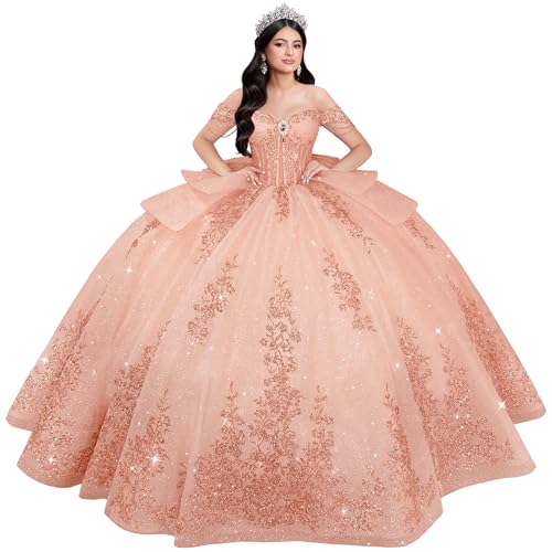 Youjiayi Mexican Beaded Quinceanera Dresses Rose Gold with Bow Size 14