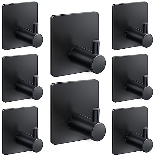 xdgeLoad Adhesive Towel Hooks for Bathroom, Adhesive Heavy Duty Towel Hooks 8 Pack, Towel Holders for Hanging/Bathroom/Kitchen/Robe, Black Stainless Steel Matte Towel Wall Hooks Without Punching