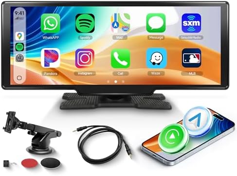 Rimoody 10.26 Inches Wireless CarPlay Android Auto Screen Portable Car Stereo, Touchscreen Portable CarPlay Screen with Siri, Bluetooth, FM Transmitter, Voice Control, OTA Updates, 7V-32V
