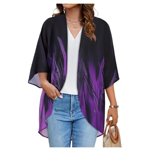 Women's Floral Kimono Print Puff Sleeve Loose Cardigan Cover Up Casual Blouse Tops (Turbo Purple Black, M)