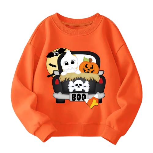 Image of QHKEPW Halloween Kids Sweatshirt Ghost Car Pumkin 5-6 Years Glow in the Dark Boys Girls Jumper Toddler Top Long Sleeve Round Neck Cotton Casual Clothes T Shirt Orange