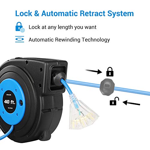 Dewenwils Heavy Duty Cord Reel, 40Ft Retractable Extension Power Cord, 12Awg/3C Sjtow, 3-Lighted Triple Outlets, 15A Circuit Breaker, Wall/Ceiling Mounted, Adjustable Stopper Ul Listed, Blue #TOP2