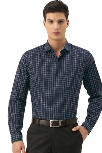 Image of Peter England Men's Micro-Checkered Formal Slim Fit Full Sleeve Shirt | Cotton Rich