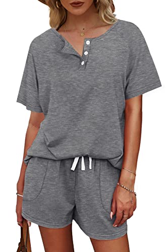 Image of WIHOLL Two Piece Outfits for Women Lounge Sets Button Down Top and Shorts Set Sweatsuits with Pockets