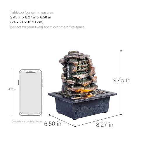 GOSSI Home Décor Waterfall Meditation Fountain Indoor Tabletop Many Natural River Rocks Decorated Office Home Tabletop Fountion with LED Lights Christmas Decorations