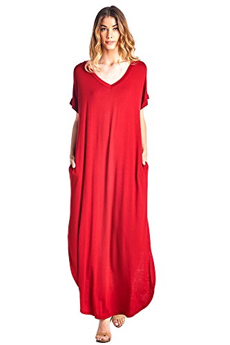 12 Ami Solid V-Neck Pocket Short Sleeve Loose Maxi Dress (S-3X) - Made in USA
