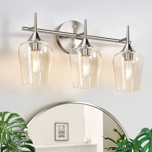 Image of MOKATNG 3-Light Bathroom Light Fixtures, 19.5 in Brushed Nickle Vanity Lights for Bathroom with Clear Glass, Bathroom Lighting Fixtures Over Mirror, Modern Wall lamp for Cabinet Hallway