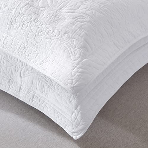 WINLIFE 100% Cotton Quilted Pillow Sham Floral Printed Pillow Cover White