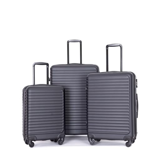 3 Piece Lightweight ABS Luggage Set with Wheels & Lock - Black Travel Suitcase Set (20