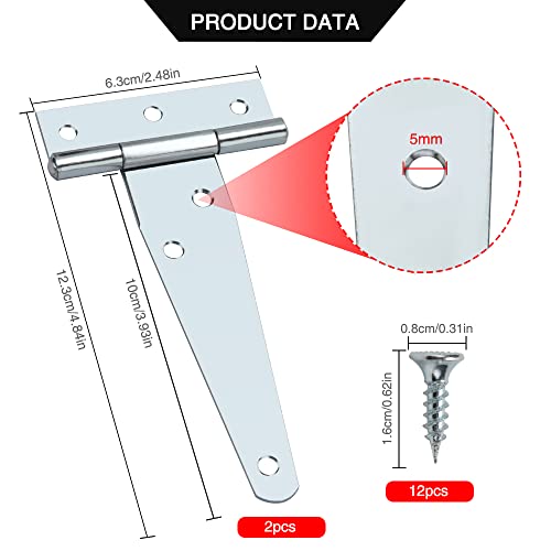YIXISI 2 PCS 4 Inch T-Shape Tee Hinges, Silver, Painted Steel, Surface Mount, 12 Holes, for Wooden Door Gate, Windows, Fence - Image 2