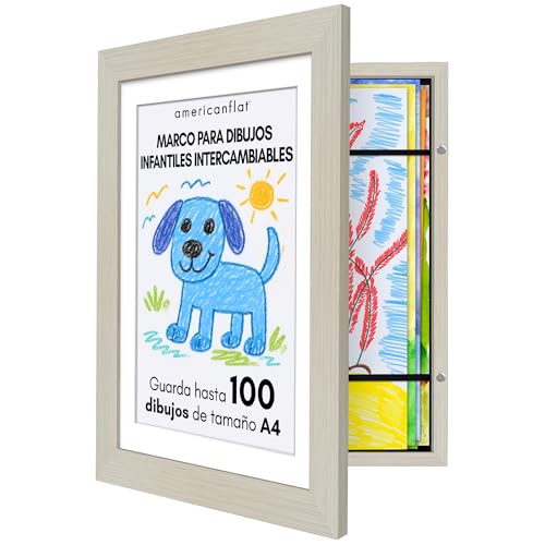 Americanflat Marco Dibujos Infantiles A4 en Madera Clara   Cuadro de Almacenamiento para Niños para 100 Unidades, Proyectos de Arte, Puzzles y Fotos   Madera de Ingeniería con Vidrio Resistente