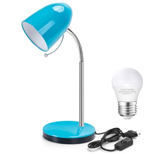 Aigostar Lámpara de Escritorio Retro de Metal, Flexo LED Escritorio con Cable de 153cm, Lámpara de Mesa con E27 Bombilla LED, Cuello de Luz Flexible, 4000K Luz Natural, Azul