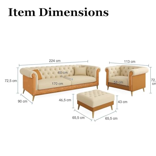 Image of Classic 3+1= 4 Seater with Footrest Seater Sofa Set Luxury Chesterfield Modern Fahionalable Sleeper Sofa for Living Room, Dining Room, (Beige Brown A1)