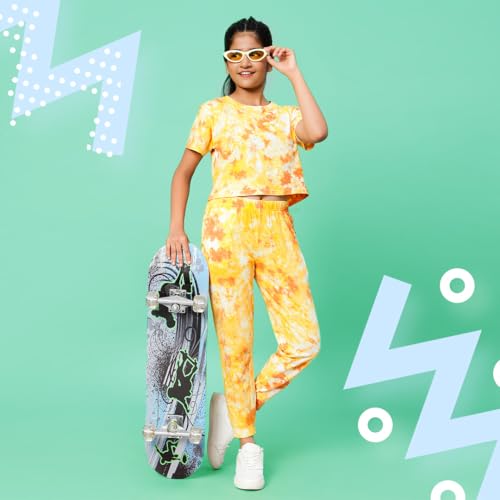 Image of TeenTrums Tie Dye Black Co-ord Set with Boat Neck Tshirt & Joggers, 100% Cotton, Fashion for Youth, Stylish Teen Fashion Collection, Tie Dye Set of Top & Bottom for Girls, Age 05 to 16 Years