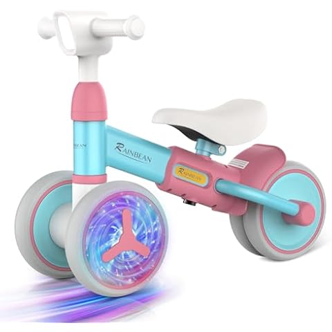 RAINBEAN Baby Balance Bike Colorful Lighting for Toddler 1-3 Years Old Girl Boy Gifts 12-36 Months No Pedal Balance Bike with 4 Silence Wheels Adjustable Soft Seat First Birthday Gift (Blue Pink) Cover
