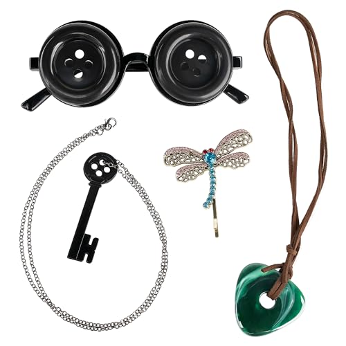 Neijiang Coraline Costume Accessories Button Eyes Glasses Key Pendant Necklace Seeing Stone Necklace Dragonfly Hair Clips Halloween Dress Up cover