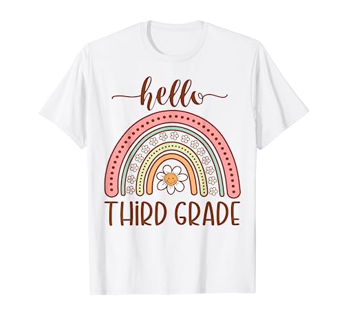 Hello Third Grade Groovy First Day of School Boho Rainbow Camiseta