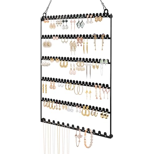 milylove 6 Tier Earring Holder Wall Mounted Hanging Earring Organizer Earring Display Storage with 123 Holes and 129 Grooves Jewelry Organizer Tree for Stud/Hoop/Dangle Earrings NecklaceBlack