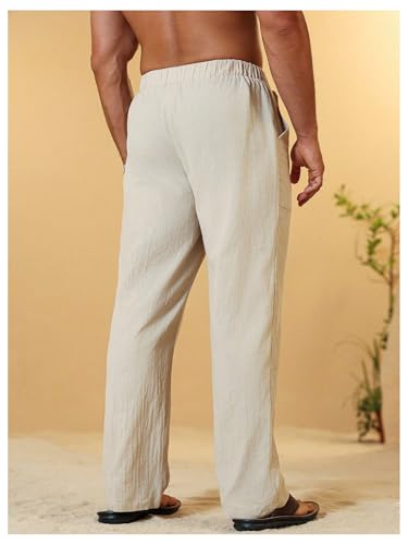 Men's Drawstring Waist Linen Pants Straight Wide Leg Resort Vacation Trousers with Pockets3