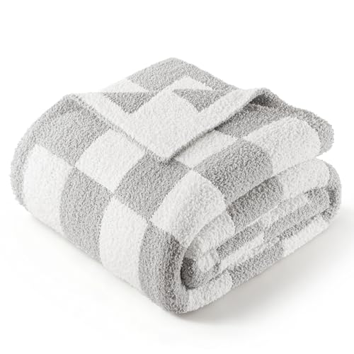 Exclusivo Mezcla Checkered Knit Throw Blanket, Ultra Soft and Warm Reversible Woven Blankets, Cozy Snuggly Throw for Couch Bed and Home Decor, Light Grey, 127x152 CM