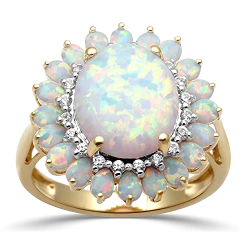 Jewelili Oval Created Opal with Created White Sapphire Blooming Ring for Women in 18K Yellow Gold over Sterling Silver, Size 7, October Birthstone Ring, Birthday Gift for Mom, Christmas Jewelry