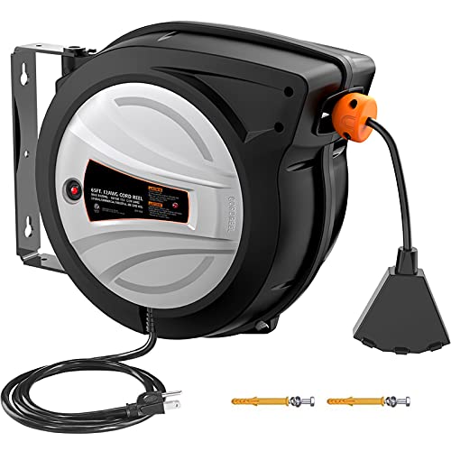Extension Cord Reel, 65ft Retractable Extension Cord + 4.5ft/12AWG/SJTOW Rated Cord, Cord Holder with Swivel Bracket, Overload Protection, Auto Retraction and Triple Socket for Wall/Ceiling Mounting