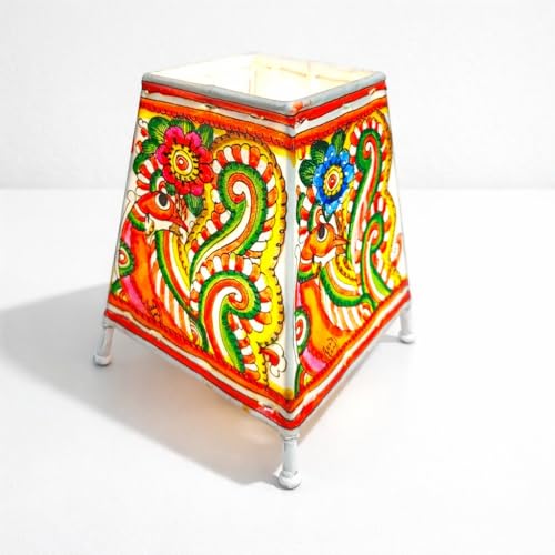 Image of Andhra Leather Craft Lamp Shade, Small (6 inch x 4 inch / Set of 1)-Peacock Design | 2 meter wire with bulb holder and socket included - Handpainted Leather Table Lamp: Tholu Bommalata