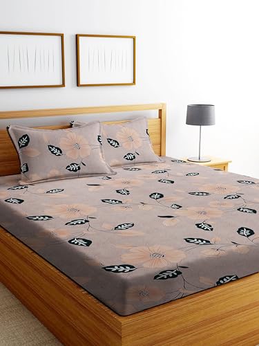 Image of DECORUM Glace Cotton Fitted 1 Bedsheet King Size (72 inchx78 inch) | All Around Elastic | Cotton Feel | 2 Pillow Covers (17 inchx27 inch) | Fits Up to 8 inch Mattress | 200-220 TC | Printed Double Bed Sheet Set