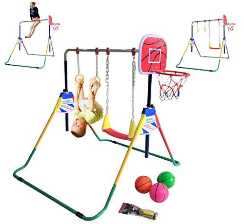 Kids Jungle Gymnastics Expandable Junior 4 in 1 Training Monkey Horizontal Bars Climbing Tower Child playset Training Pull Up Gym with Swing, Trapeze Ring and Basketball Stand with 3 Balls Set.