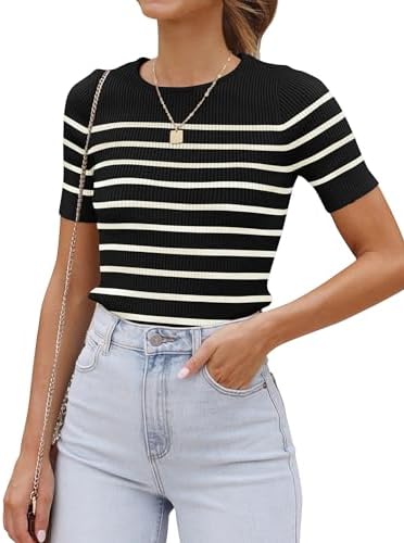 ZESICA Women's Striped Short Sleeve T Shirt 2026 Summer Crewneck ...