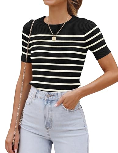 ZESICA Women's Short Sleeve Crewneck Striped T...