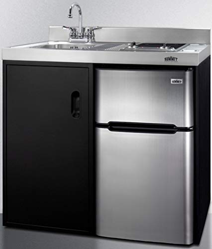 Summit Appliance C39Elglassbk 39" Wide All-In-One Kitchenette In Black With A 2-Burner 115V Smooth-Top Cooktop, 2-Door Refrigerator-Freezer, Sink, And Large Storage Cabinet #TOP1