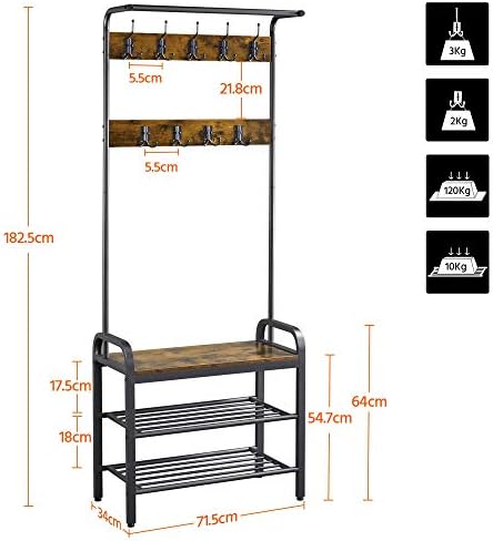 Yaheetech Coat Rack Stand 183cm Height, Tall Hall Tree with Anti-Tip Kits & 23 Ball-End Hooks, Shoes Stands for Hallway with Bench & Shoe Storage, Rustic Brown