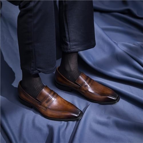 Mens Loafers Slip On Genuine Leather Square Burnished Toe Flexible Comfortable Party Classic Dress Shoes3