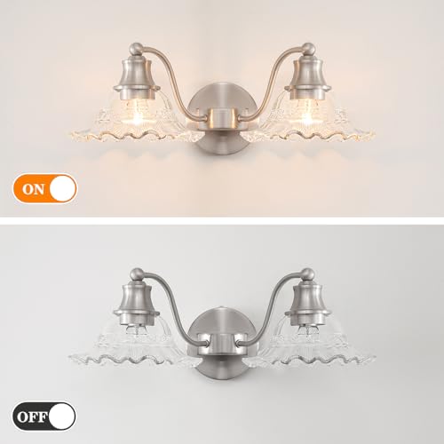 Image of Brushed Nickel Bathroom Vanity Light Fixture Vintage, E26 Easy Mounted | Vanity Light with Flower Glass Shades, 18 inch Wide Bathroom Lighting Over Mirror, Easy Mounted for Bathroom, Bedroom, Hallway