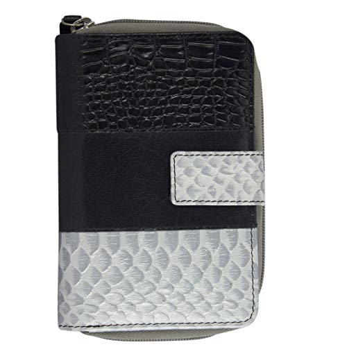 Sunsa Geldbörse Damen. Leder Mittel groß Geldbeutel. Groß Geldtasche mit Viele Fächer/ 11 Kartenfächer. Portemonnaie für Frauen. RFID Schutz Blocker Damen Portmonee (schwaez/Silber)