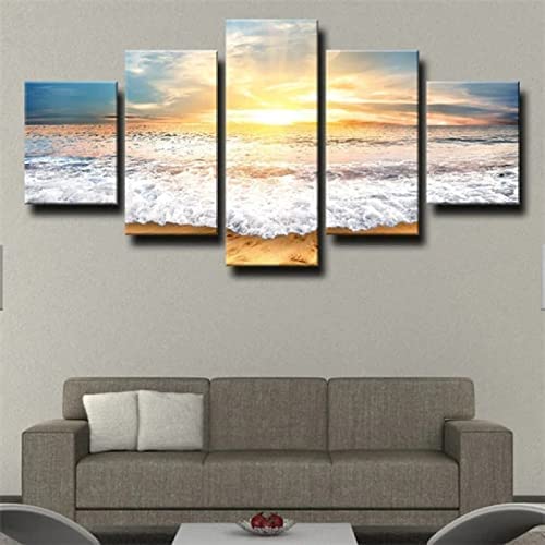 5 Piezas Lienzo Moderno Cuadros En Lienzo Arte De Pared Amanecer Mañana Mar Olas Decoración Moderna Cuadros Decoración Del Hogar Lienzo De Pared Para Sala Dormitorio Comedor Oficina 150×100-1M1M/M3F