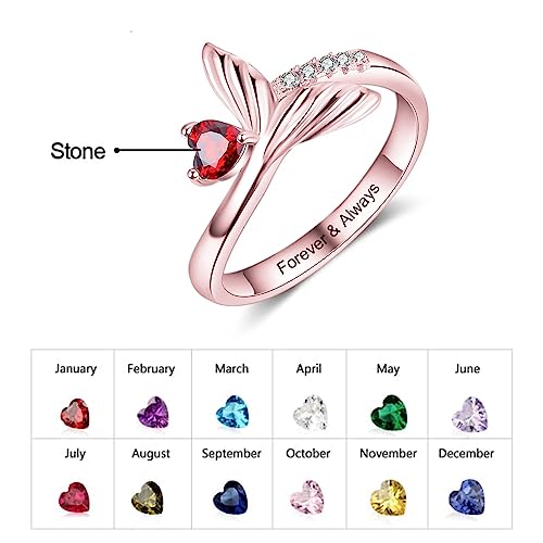 10K 14K 18K Solid Gold Mermaid Tail Ring for Women Personalized, Custom Dolphin Tail Bands with Birthstone Engraved Jewelry Gift for Engagement Mother's Day Christmas Birthday2